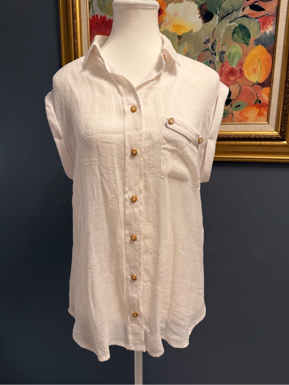 Democracy White Linen Blend Button-Up Blouse